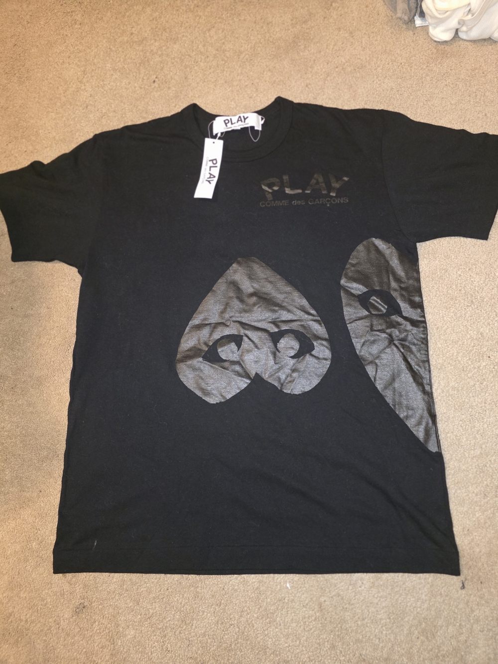 Comme des Garçons PLAY Black Tee with Metallic Heart Graphics